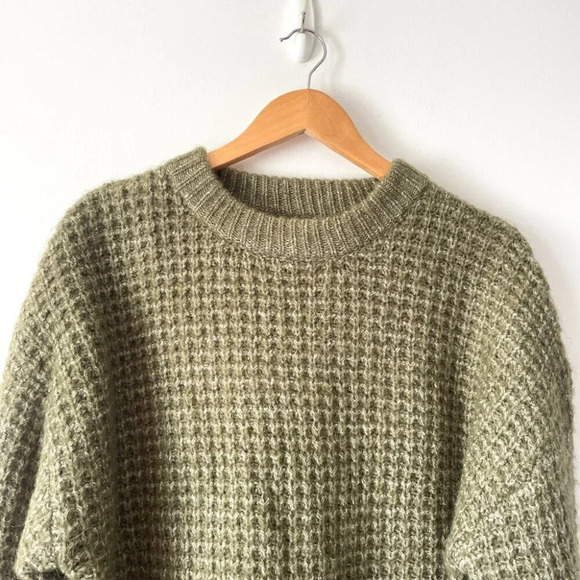 Zara Wool Alpaca Waffle Knit Crew Sweater  Green Size XL - Picture 2 of 6